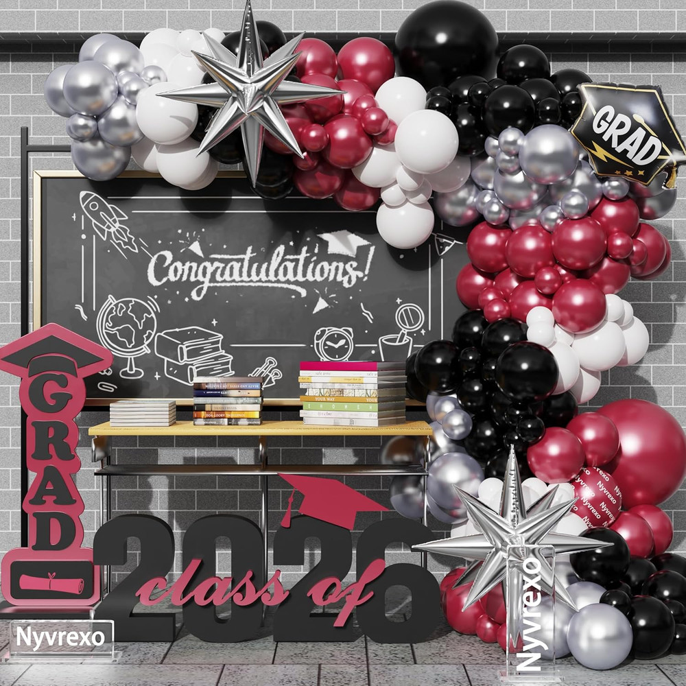 2026 Graduation Party Decorations, 138Pcs Burgundy White Silver Black Congrat Gr