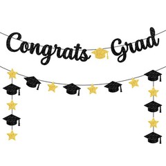 2026 Graduation Decorations – Glitter Black & Gold Congrats Grad Banner 10ft | C