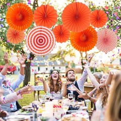 Paper Fans Party Decorations Orange Hanging Paper Fans – 23pcs Orange and Pink