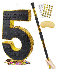 Number 5 Pinata for Kids 5th Birthday Party, Gold Black 20″ Stick Blindfold Conf