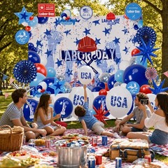 Labor Day Decorations Balloon Kit with Large Fabric Backdrop & USA Printed Foil