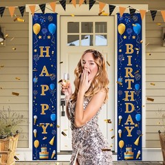 Door Banner 12×71 Inch Vertical Hanging Decoration Gold Blue Happy Letter Sig…