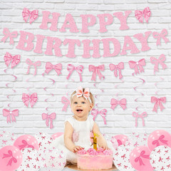 Bow Birthday Party Decorations, Pre-Strung Pink Bow Happy Birthday Banner, Cute