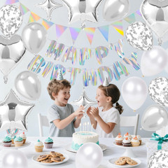 Silver Happy Birthday Decorations Kit, Iridescent Happy Birthday Banner and Penn