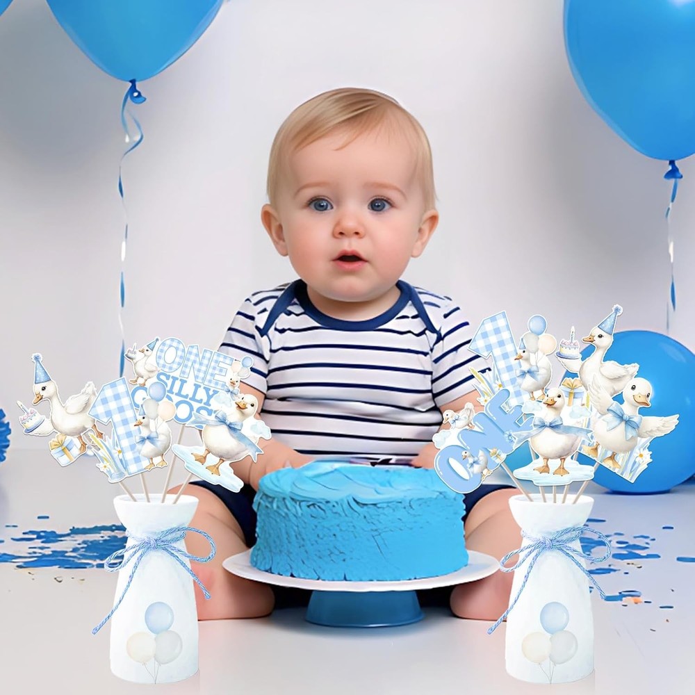 One Silly Goose Birthday Decor Boy 24Pcs Goose Centerpiece Stickers Blue Gees…