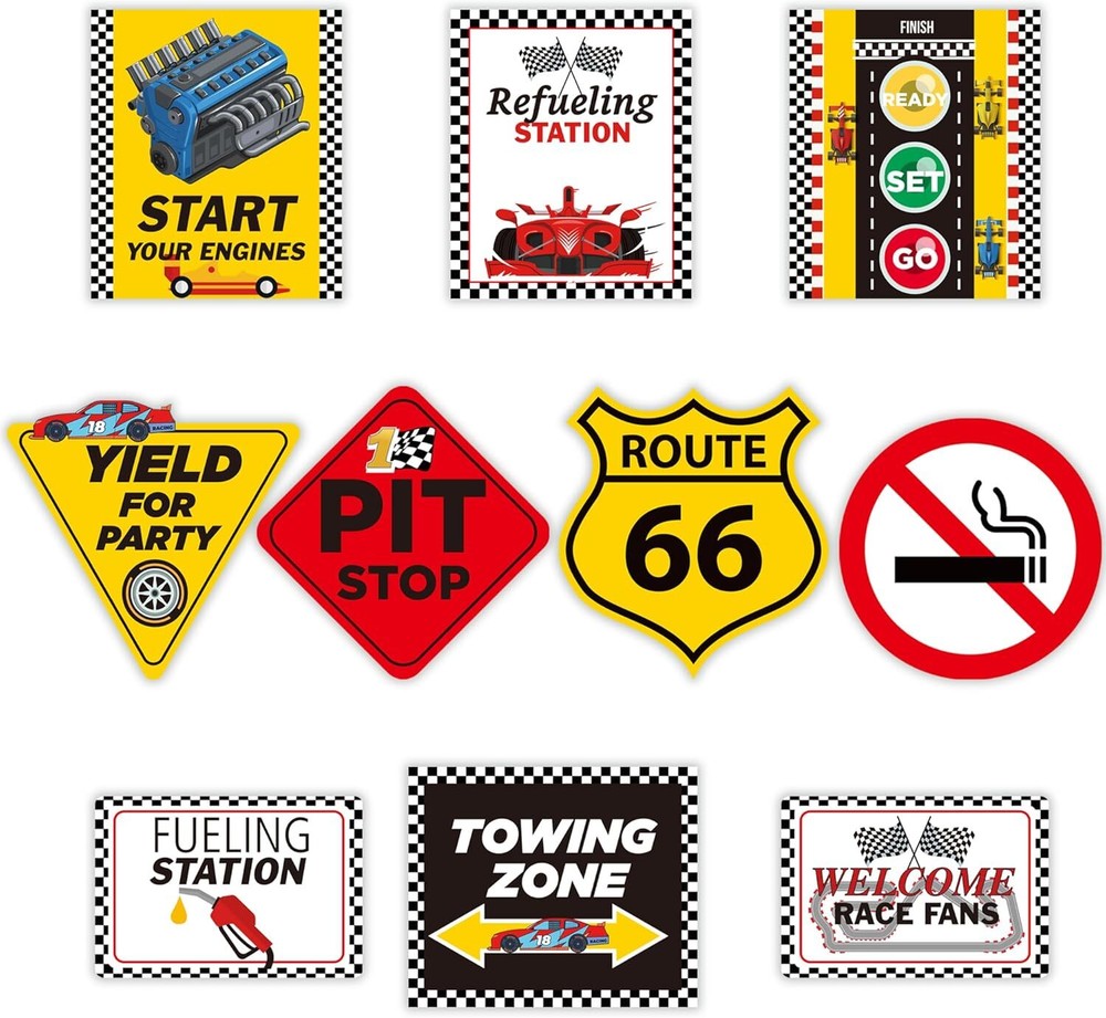 10 Pieces Racing Party Decorations Race Car Theme Party Sign Cutouts Cards for L