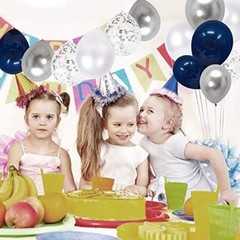 50 Navy Blue and Silver Confetti Balloons White Pearl and Silver Metallic Chrome