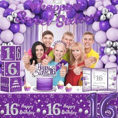 Cocomigo 104Pcs Sweet 16 Birthday Decorations for Girls, Purple Sweet 16 Party D
