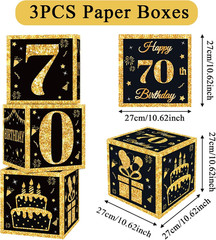 70th Birthday Decorations Boxes for Men- 3PCS Black Gold Happy 70th Birthday Bal