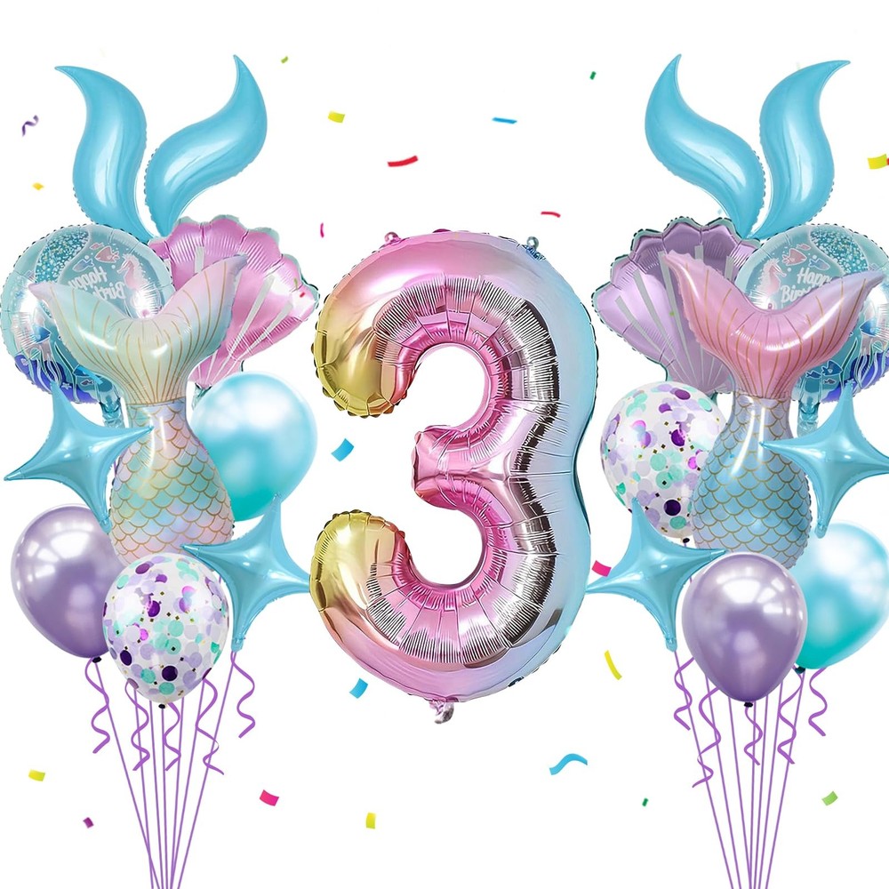 Mermaid Birthday Decorations 40 Inch Giant 3 Years Old Foil Balloons Kit for …