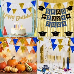64ft Royal Blue Gold White Triangle Pennant Banner Flag Metallic Bunting Garl…