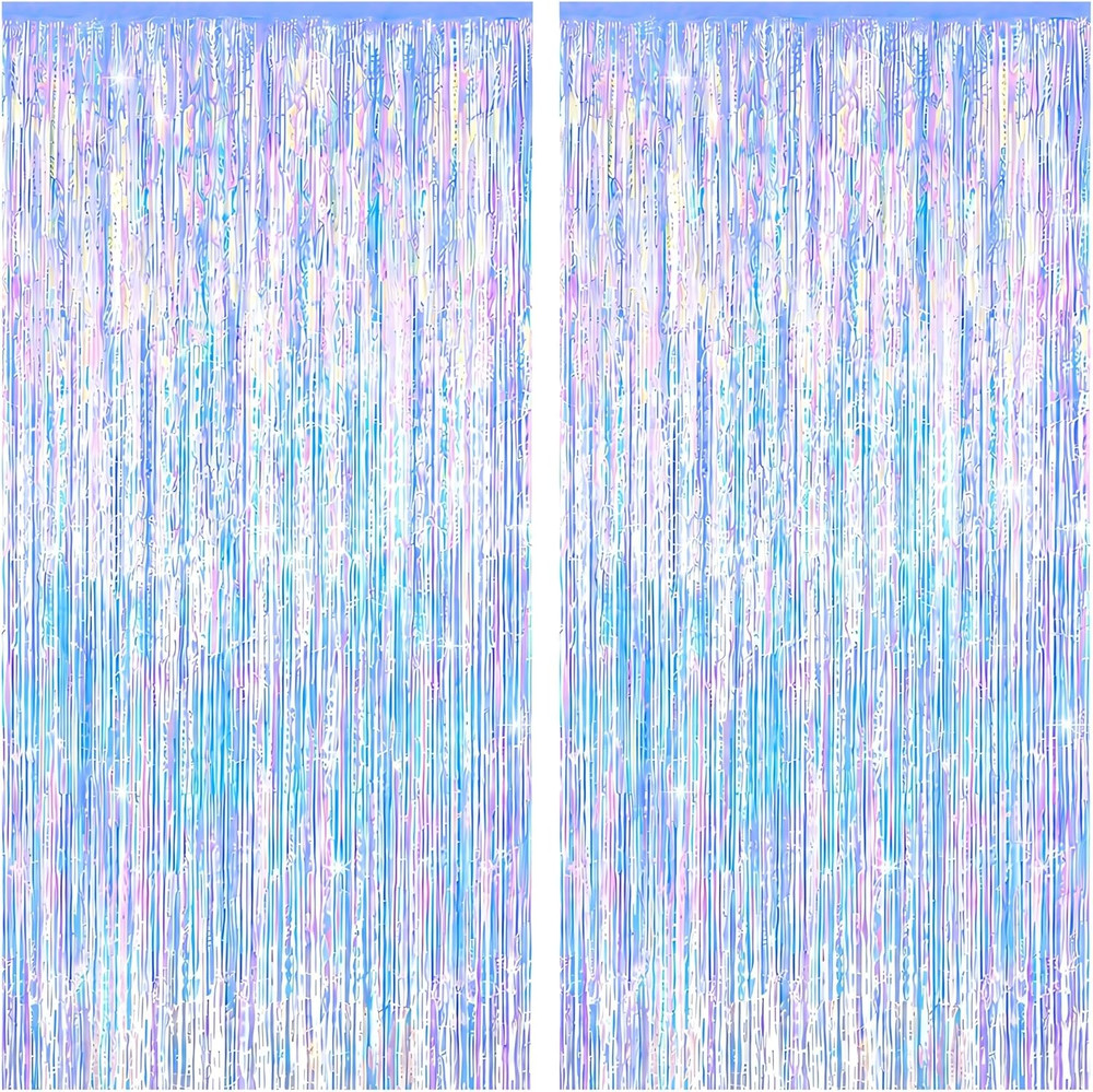Iridescent Party Decorations Backdrop 2 Pack, Holographic Foil Fringe Curtain, S