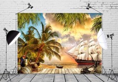 BELECO 7x5ft Fabric Beach Island Pirate Ship Backdrop Ocean 7x5FT A10031