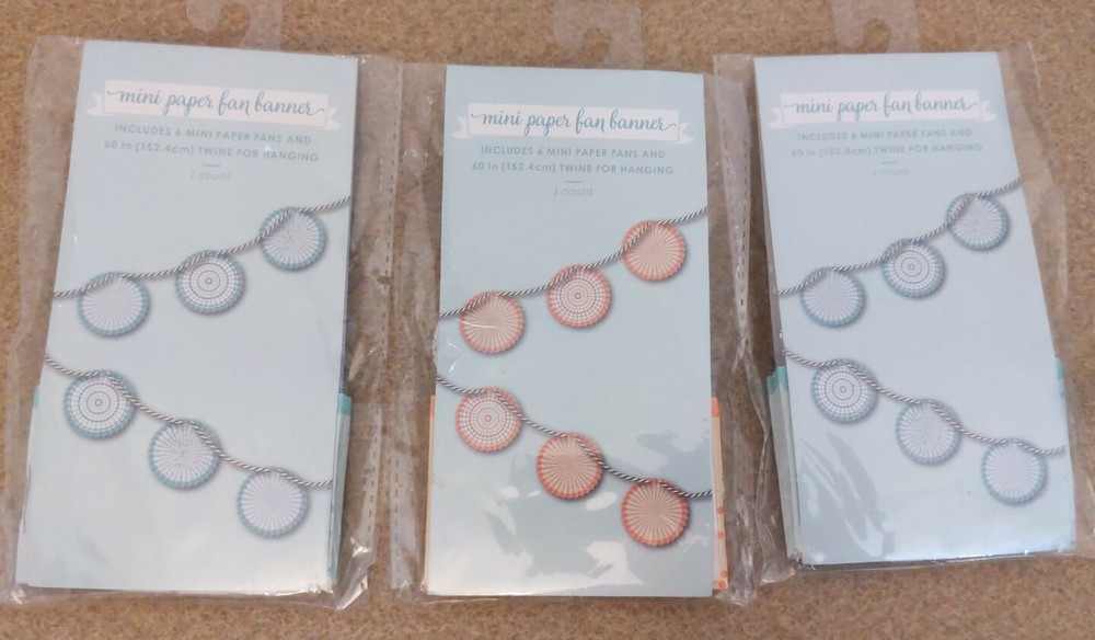 Lot (3) Mini Paper Fan Banners W/Twine Peach/Orange Green/Teal