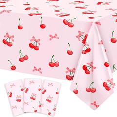 3Pcs Cherry Birthday Decorations Tablecloths, Large Size Cherry and Bows Birthda