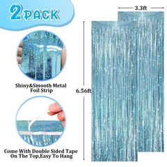 2 Pack Laser Light Blue Foil Fringe Curtains, Tinsel Streamers Birthday Party…