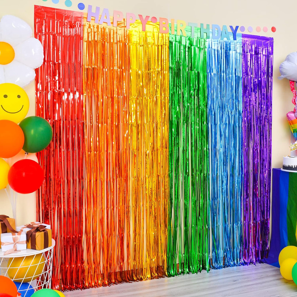2 Pack Rainbow Foil Fringe Curtains 3.3×6.6Ft Party Photo Backdrop Decor