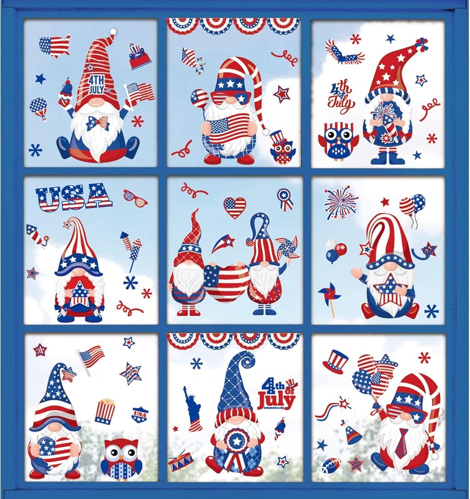AnyDesign 138Pcs Patriotic Window Clings 4th of July Gnome Assorted,red