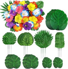 Lightweight 142Pcs Hibiscus & Palm Leaves – Perfect for Hawaiian Themed Parties