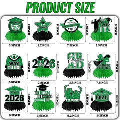 12 PCS Black Green Class 2026 Graduation Table Honeycomb Centerpiece Decor