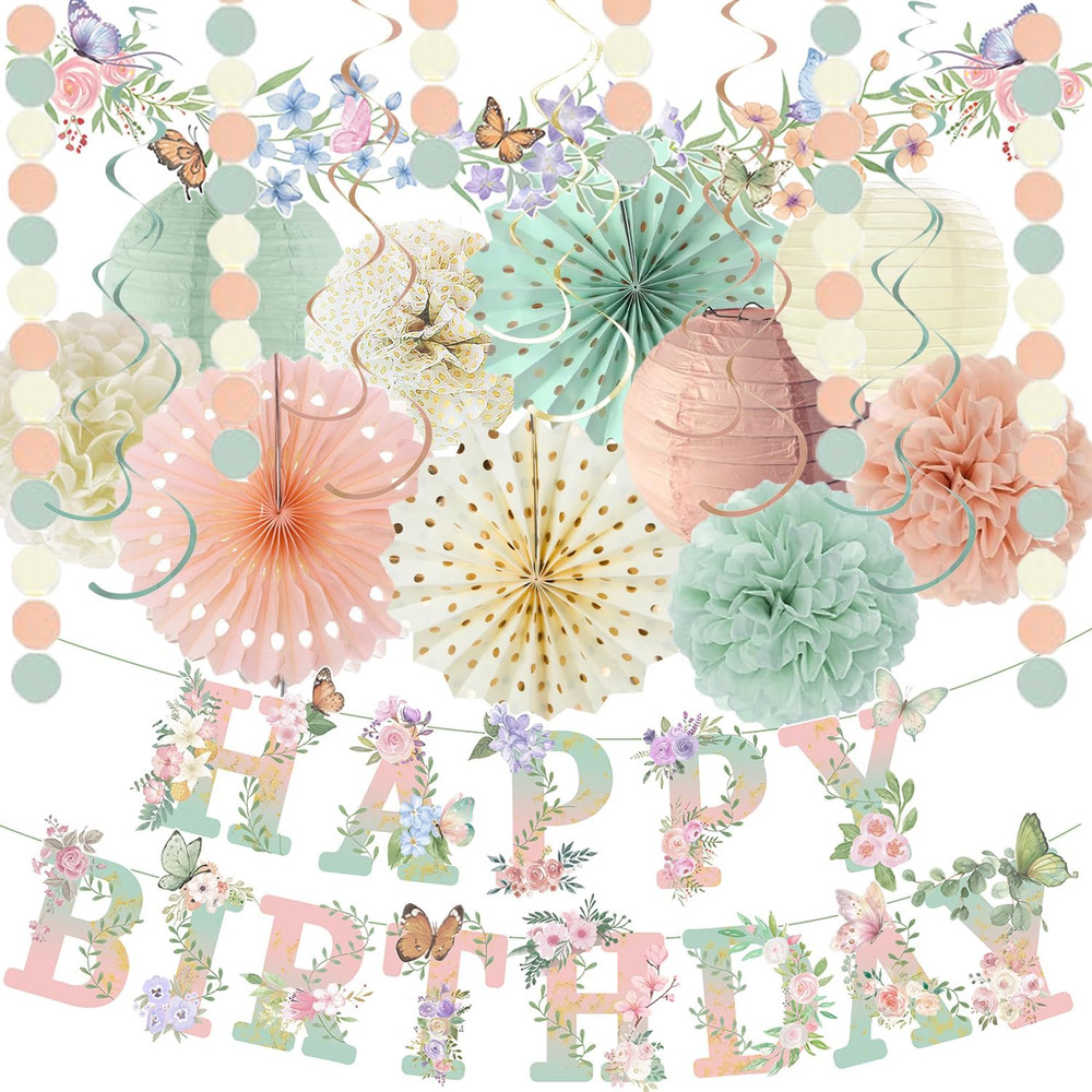 Sage Green Blush Pink Birthday Decorations,Flower Butterfly Happy Birthday Banne