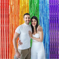 2 Pack Rainbow Foil Fringe Curtains, 3.3X6.6 Ft Metallic Tinsel Backdrop Party D