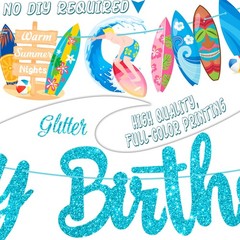 2Pcs Summer Surfing Happy Birthday Banners Blue Glitter Summer Surfing Surfbo…