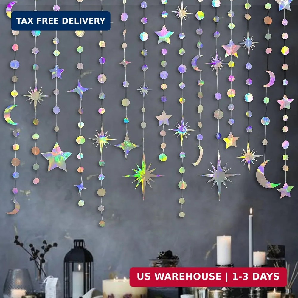 Iridescent Star Moon Circle Dot Garland Party Decoration Kit Hanging Crescent an
