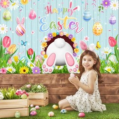 Mocsicka Happy Easter Banner Backdrop Blue Wooden Doors Bunny