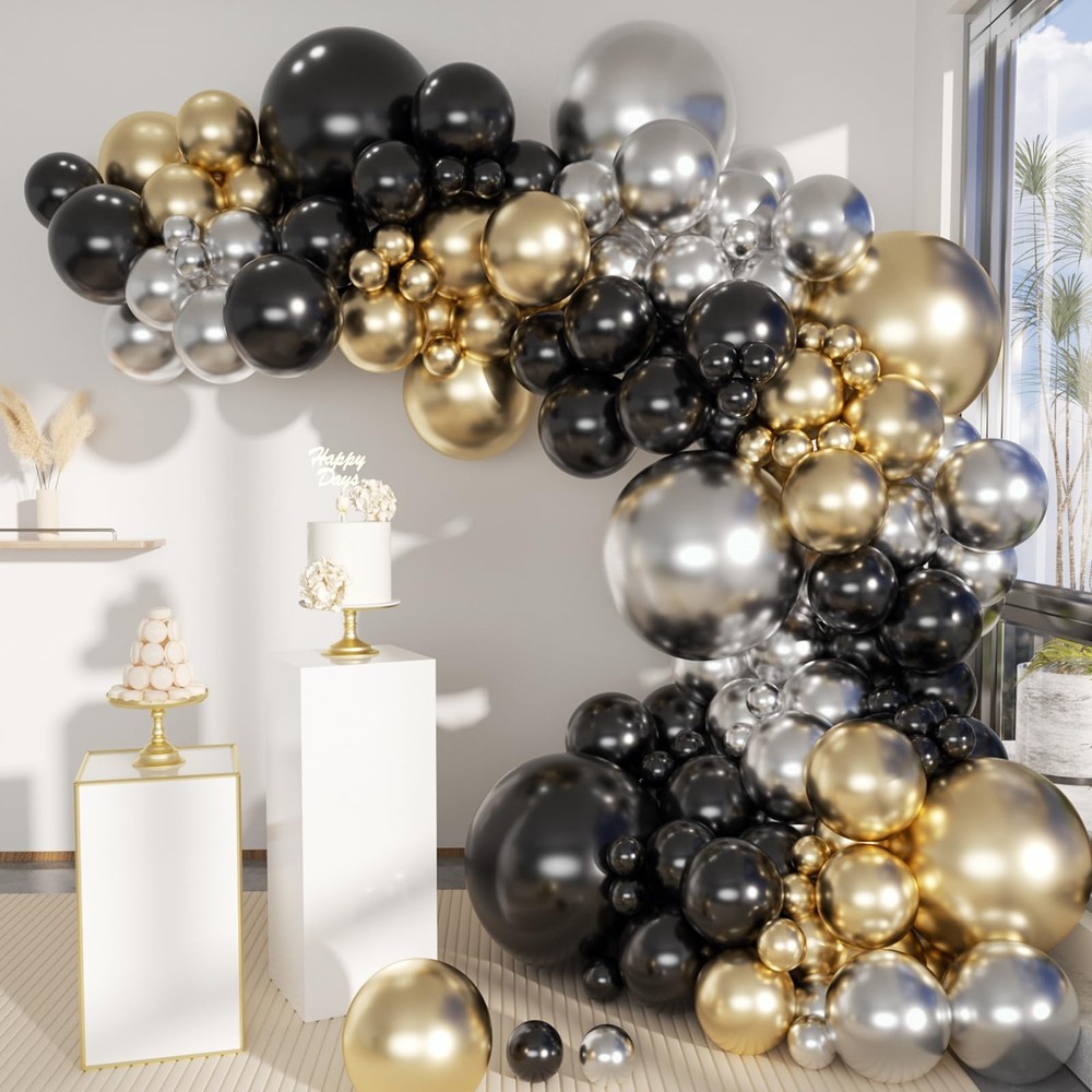 Black Gold Silver Balloons Garland Arch Kit, 141Pcs Latex Balloons Different …