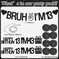 13th Birthday Decorations for Girls and Boys, Black Glitter Bruh I’M 13 Banner,