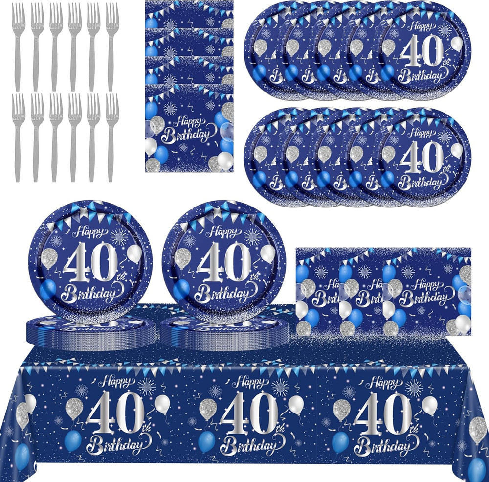 40th Birthday Decorations for Men,61Pcs Blue Silver 40th Birthday Decorations Ta