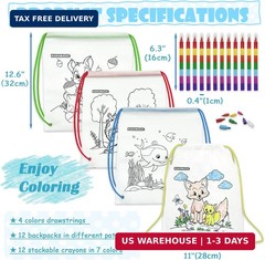 12 PCS Colorable Drawstring Backpack for kids with 12 stackable crayons (7 Color