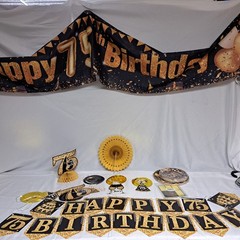 Lot of 75th Happy Birthday Decorations spiral hangings banner plates
