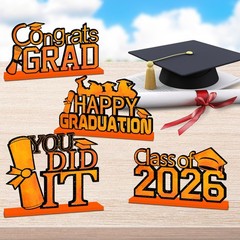 4pcs Orange and Black Graduation Decorations 2026 Wood Table Centerpieces,Happy