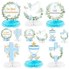 12Pcs Blue Baptism First Communion Party Honeycomb Centerpieces Cross Religio…