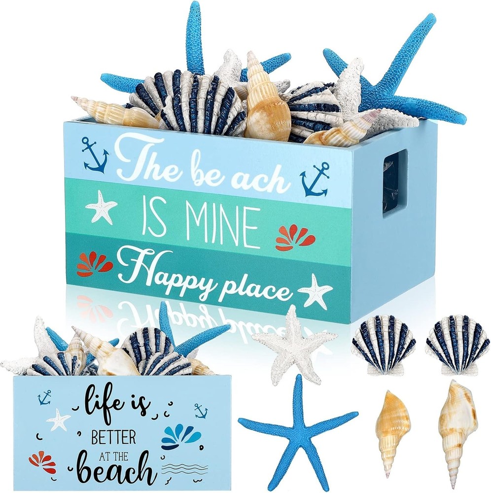 Marsui Beach Table Decor Mini Wooden Crate with 6 Starfish Shells Style