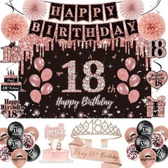 18th Birthday Decorations for Girls,52Pcs PRE-STRUNG Rose Gold Black Party Se…