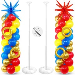 2 Set Red Blue Yellow Balloon Column Stand Kit with 2 Explosion Star Foil Bal…
