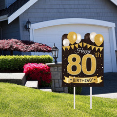 Large Happy 80Th Birthday Party Yard Sign Black Gold 80 Birthday Yard Signs with