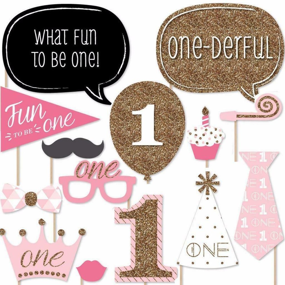 1st Birthday Baby Girl – Fun to be One – Photo Booth Props Kit – 20 Count Pink