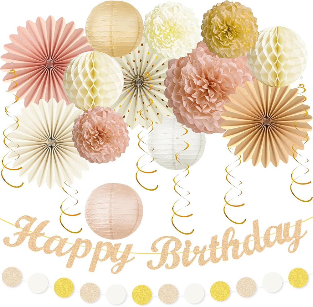 Champagne-Gold Beige Happy Birthday Decorations, 21pcs Fall Boho Birthday Banner