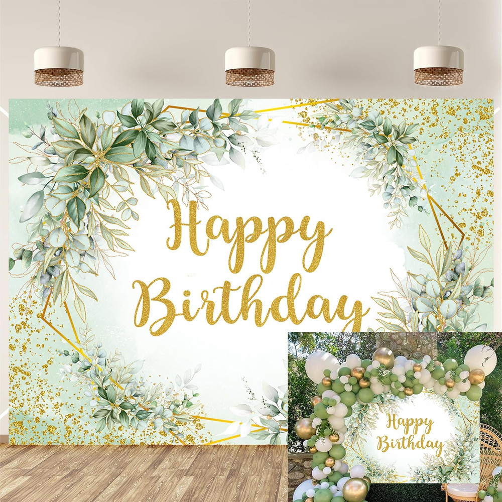 Greenery Birthday Backdrop Green Birthday Party Decorations Sage Happy Birthday