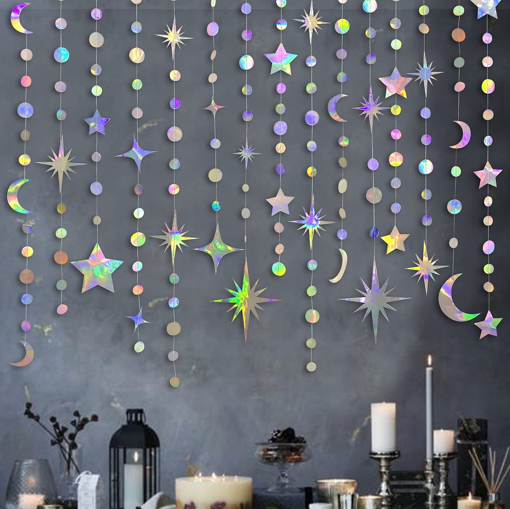 Iridescent Star Moon Circle Dot Garland Party 12 Piece Set, Multi Color