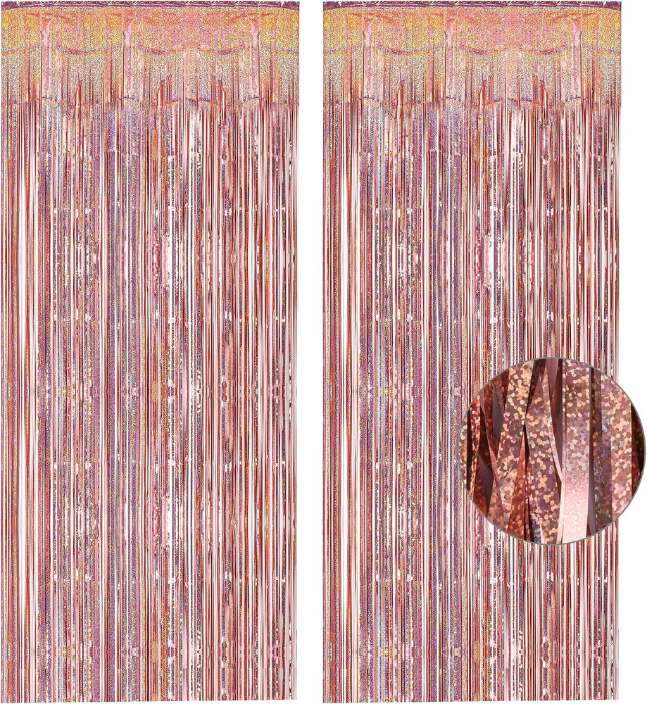 Rose Gold Tinsel Curtain Party Backdrop – Foil Fringe Curtain Streamers for Bac