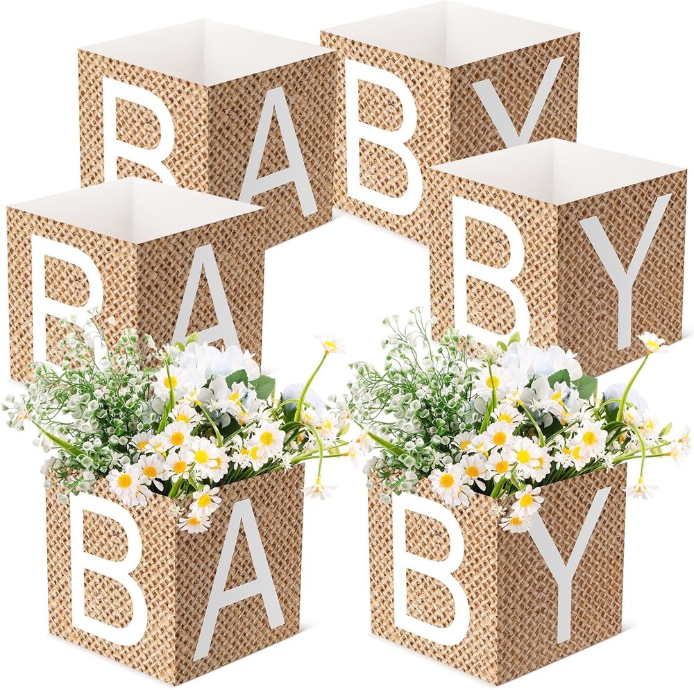 6 Pcs Burlap Print Baby Shower Party Decorations Flower Boxes…
