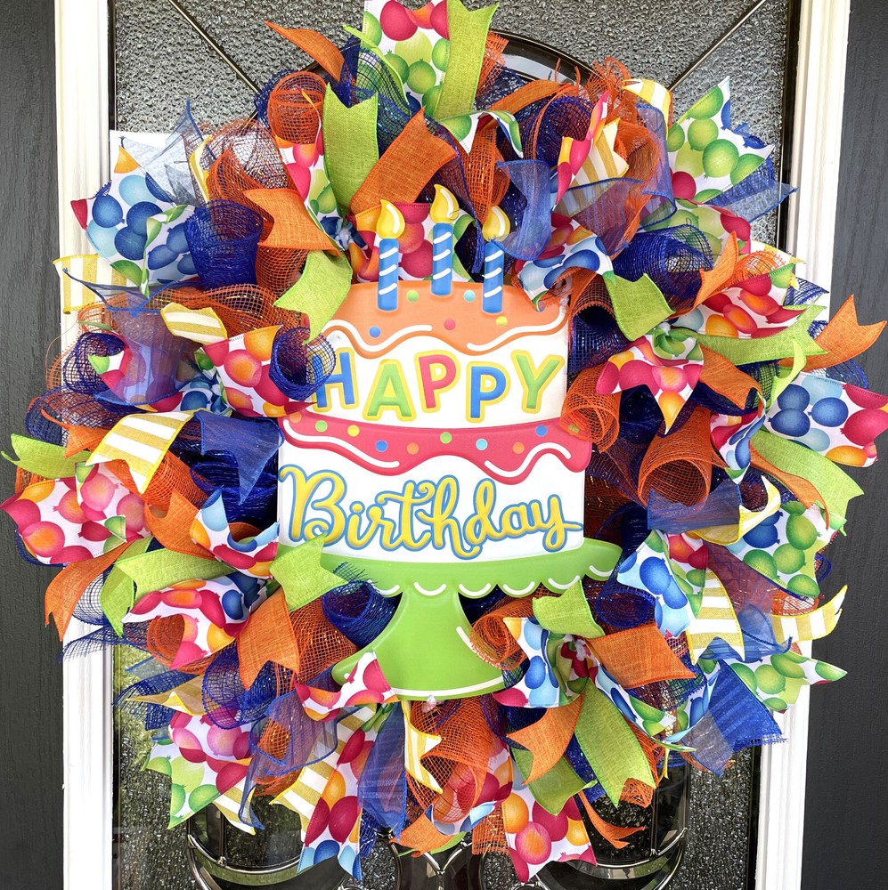 Festive Happy Birthday Party Cake Front Door Deco Mesh Wreath Gender Neutral