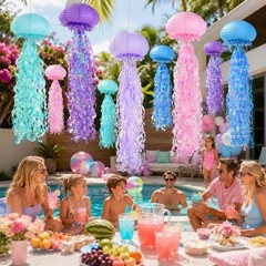 6-Pack Jellyfish Paper Lanterns, Blue Purple Pink Under The Sea Muti Color
