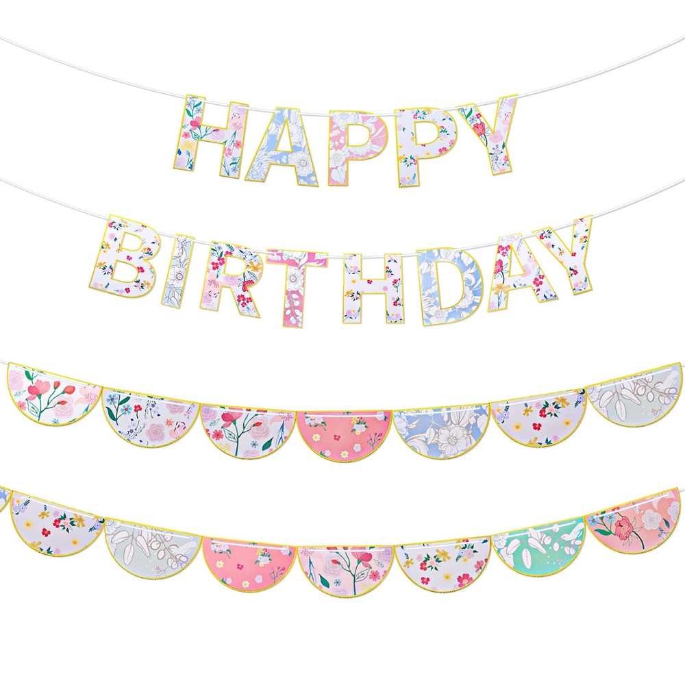 2 Pcs 9.84 ft Floral Happy Banner English Happy Banner Garden Vintage Decorat…