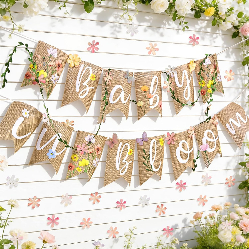Baby in Bloom Baby Shower Burlap Banner, Flower Themed Baby Shower Decorations w